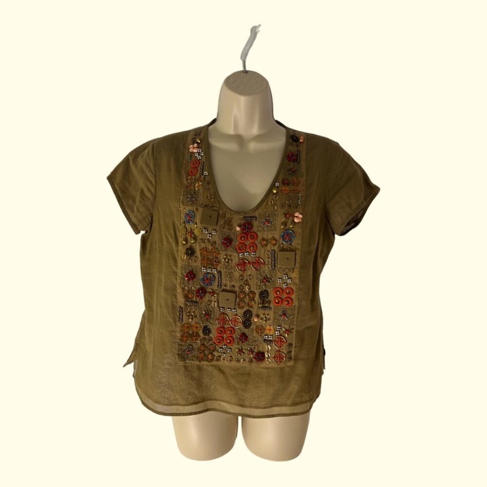 British India Classics Embroidered and Embellished Short Sleeve Top, Small